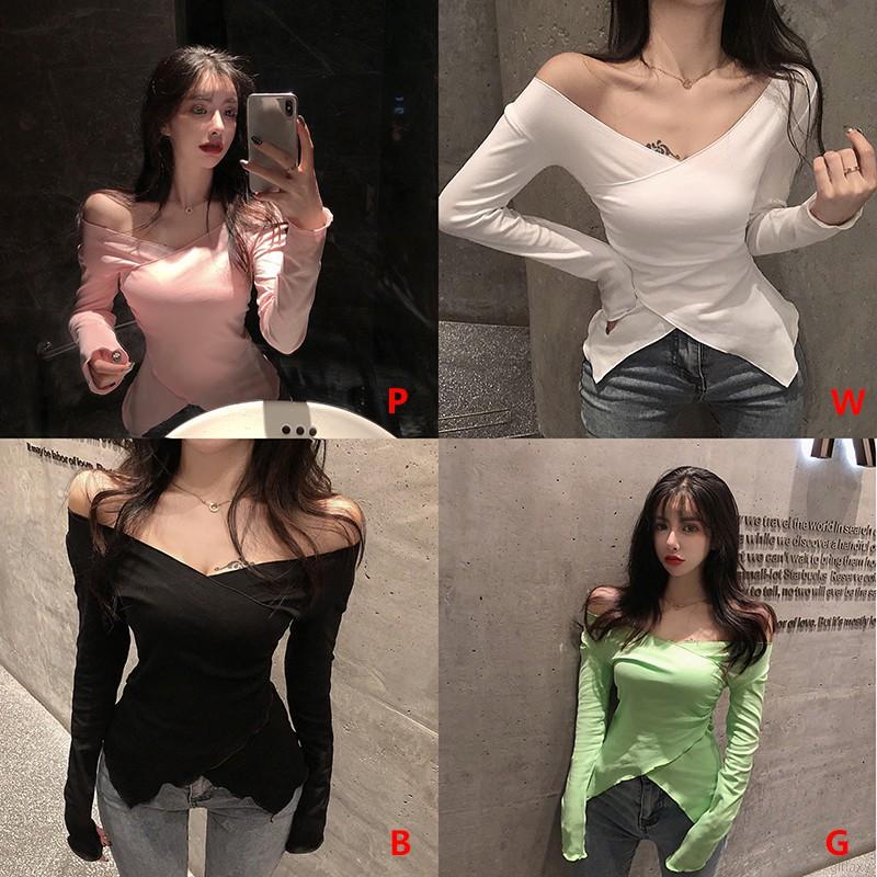 Áo Thun Màu Trơn Cổ V Trễ Vai Quyến Rũ Phong Cách Hàn Quốc