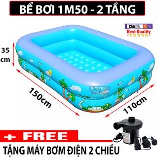 Hồ Bơi Trẻ Em 2 Tầng 1M50 x 110 x 35cm - Bể Bơi Cho Bé Tặng Kèm Máy Bơm 2 Chiều Cao Cấp