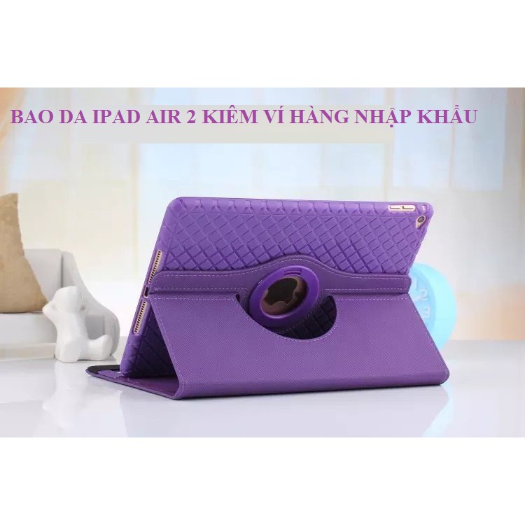 Bao da iPad Air 2 kiêm ví xoay 360 độ - Tặng kèm bút cảm ứng - Màu tím