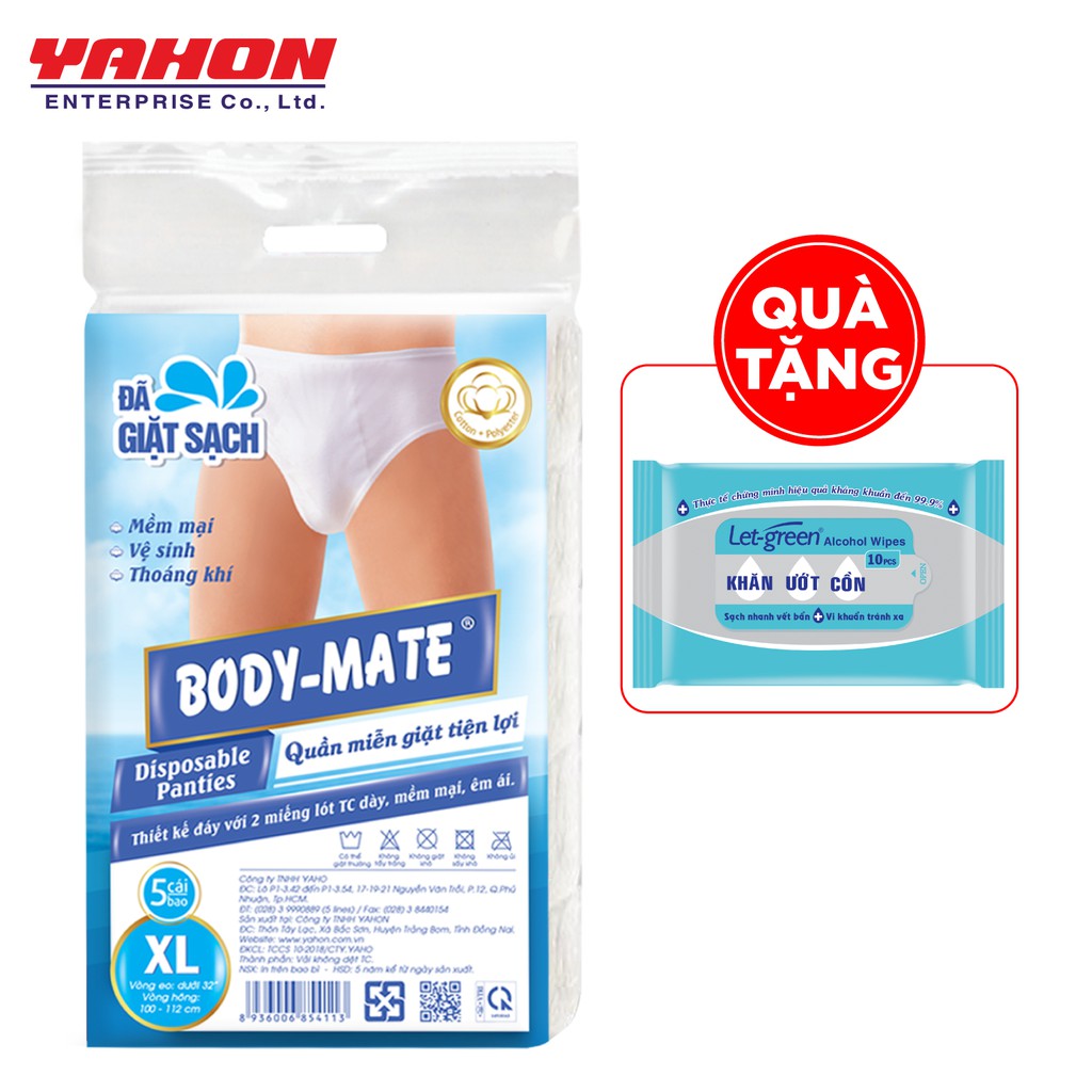 QUẦN LÓT TIỆN LỢI BODY-MATE NAM 5 CÁI/GÓI - Tặng 1 Bao Khăn ướt cồn Let-Green 10 Miếng/Gói