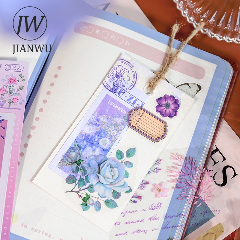 Bộ 4 Tấm Sticker PET Trong Suốt Họa Tiết Hoa Dùng Trang Trí Sổ Tay Phong Cách Vintage