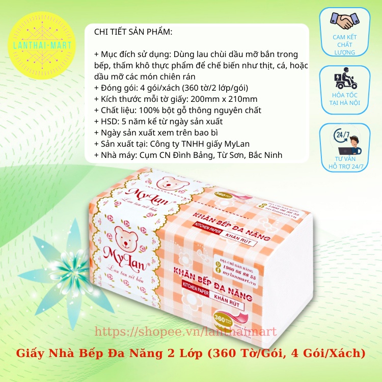 [HÀNG CÔNG TY - CHÍNH HÃNG] Giấy Nhà Bếp Đa Năng 2 Lớp (360 Tờ/Gói, 4 Gói/Xách)