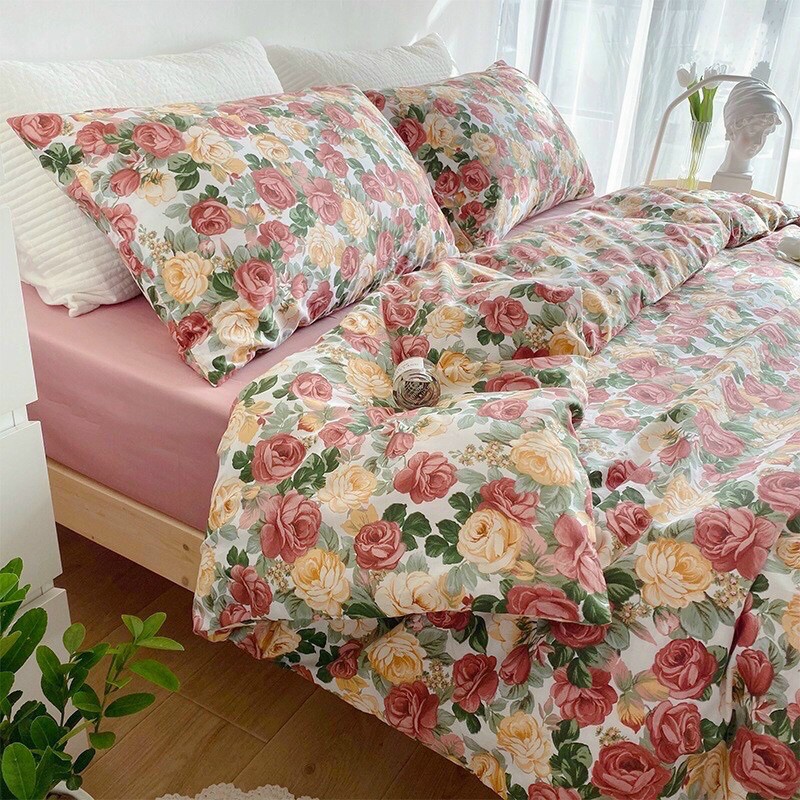 Bộ Chăn Ga Gối Cotton Living 100%cotton Hàng Nhập Khẩu Cao Cấp 4 Món Hoa Hồng Pháp
