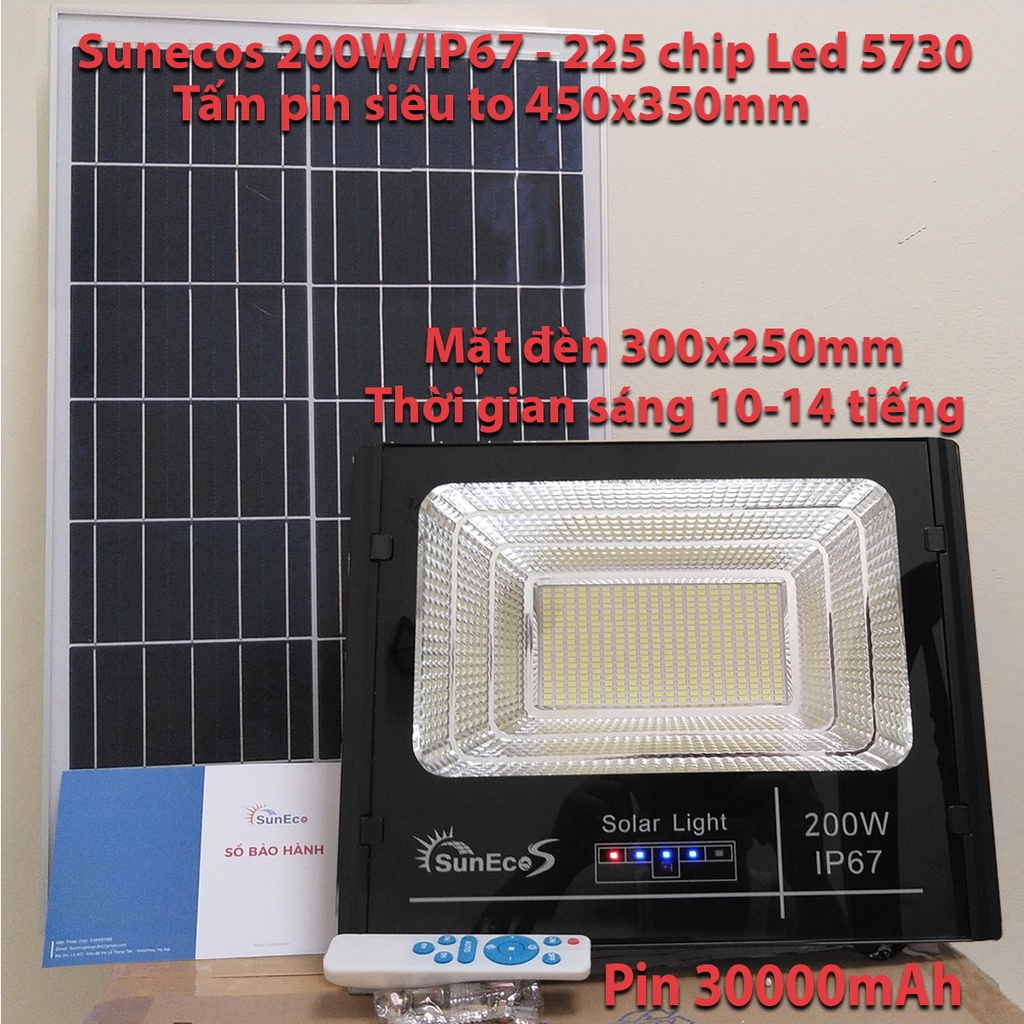 Đèn năng lượng mặt trời 200W Suneco, đèn pha led năng lượng mặt trời có báo dung lượng pin, chống nước IP67, BH 2 năm