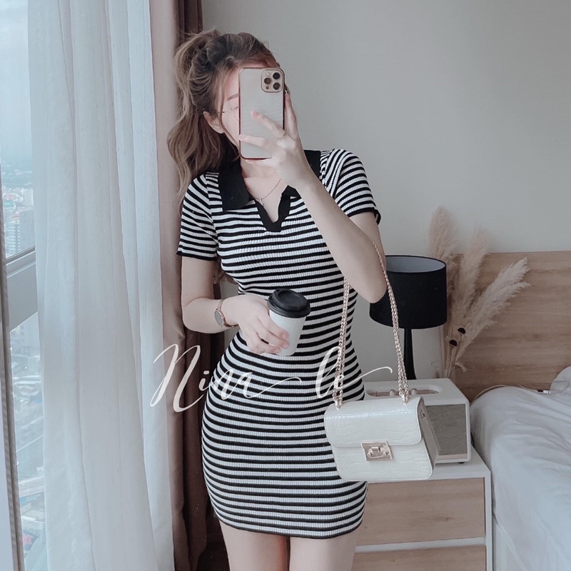 Đầm Body Sọc Cổ Bẻ Xẻ V