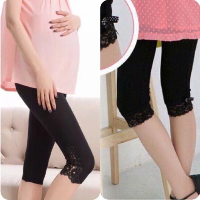Quần ngố bầu cotton co giãn 4 chiều dành cho mẹ bầu mặc nhà mùa hè (ốp ren, đính đá, Ren nơ, mèo) - 𝐐𝟓𝟐