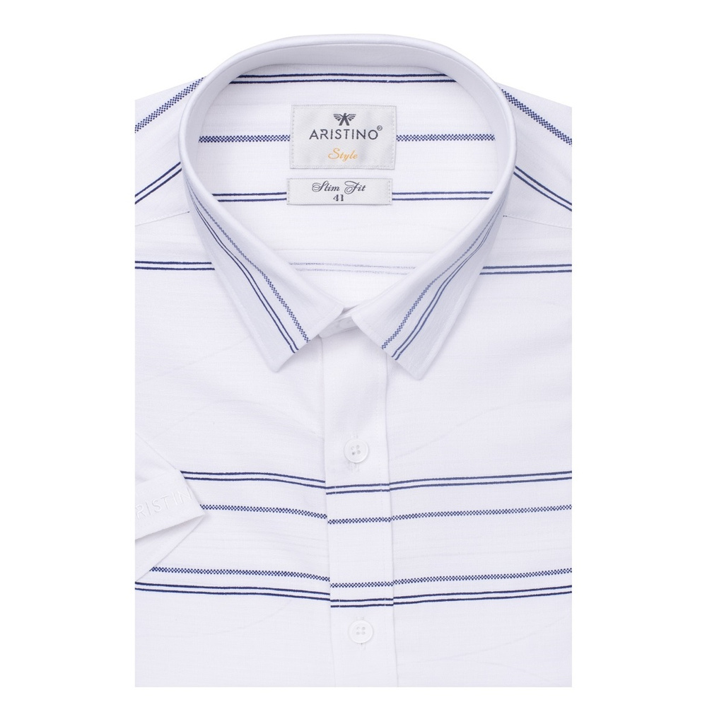 Áo Sơ Mi Nam Ngắn Tay ARISTINO ASS051S9 Somi Công Sở Cao Cấp Màu Trắng kẻ xanh đậm Vải sợi sồi Dáng ôm tà lượn không túi