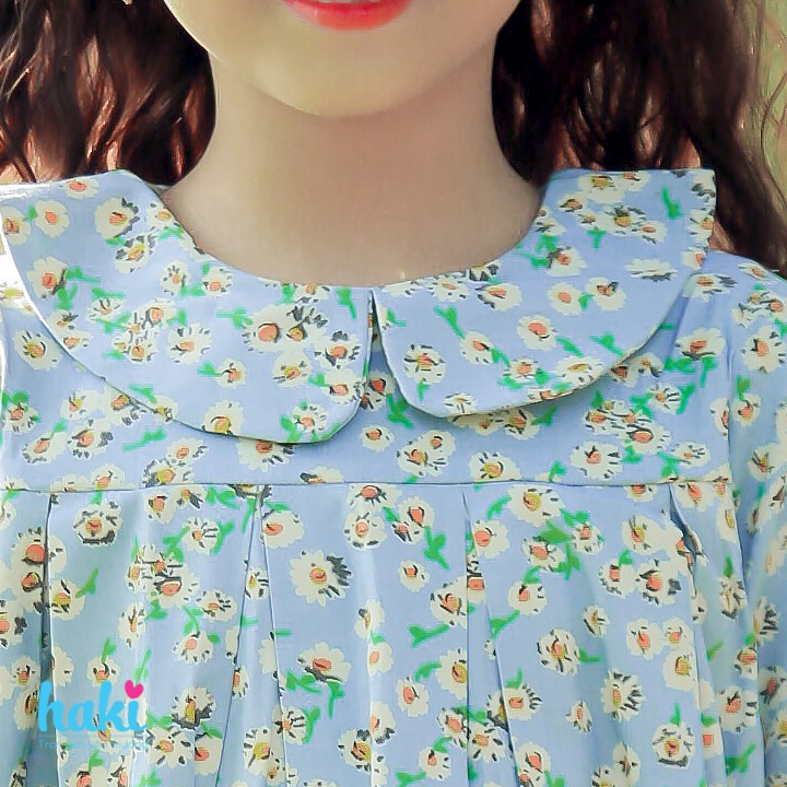 Váy bé gái dài tay cổ sen xếp li HK487-HAKI (In hoa)