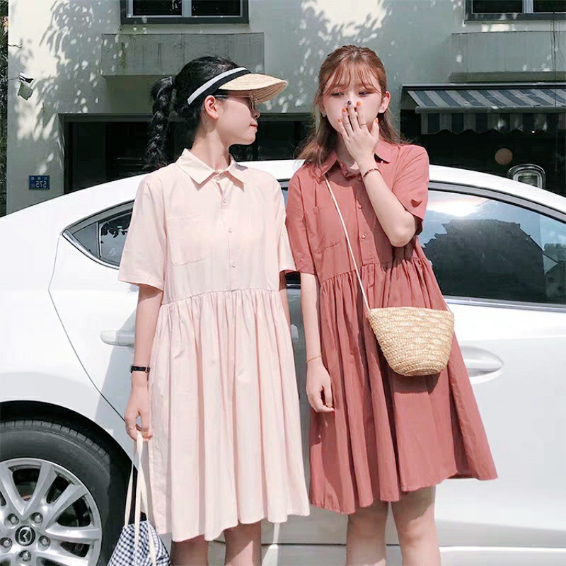 VÁY BABYDOLL CỔ BẺ SƠ MI 2 MÀU HỒNG TRẮNG ULZZANG