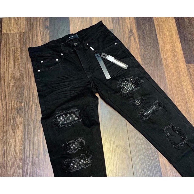 Quần bò nam đen rách đính đá, quần bò đen ốn đứng rách gối chất co dãn hàng spf.