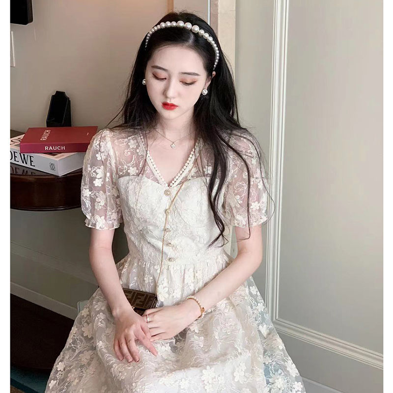 Đầm midi Ren tay ngắn cổ chữ V Váy mùa hè thanh lịch