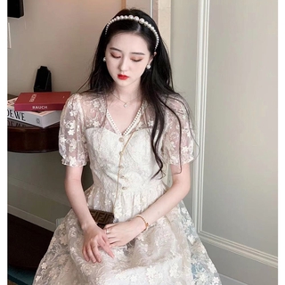 Đầm midi Ren tay ngắn cổ chữ V Váy mùa hè thanh lịch