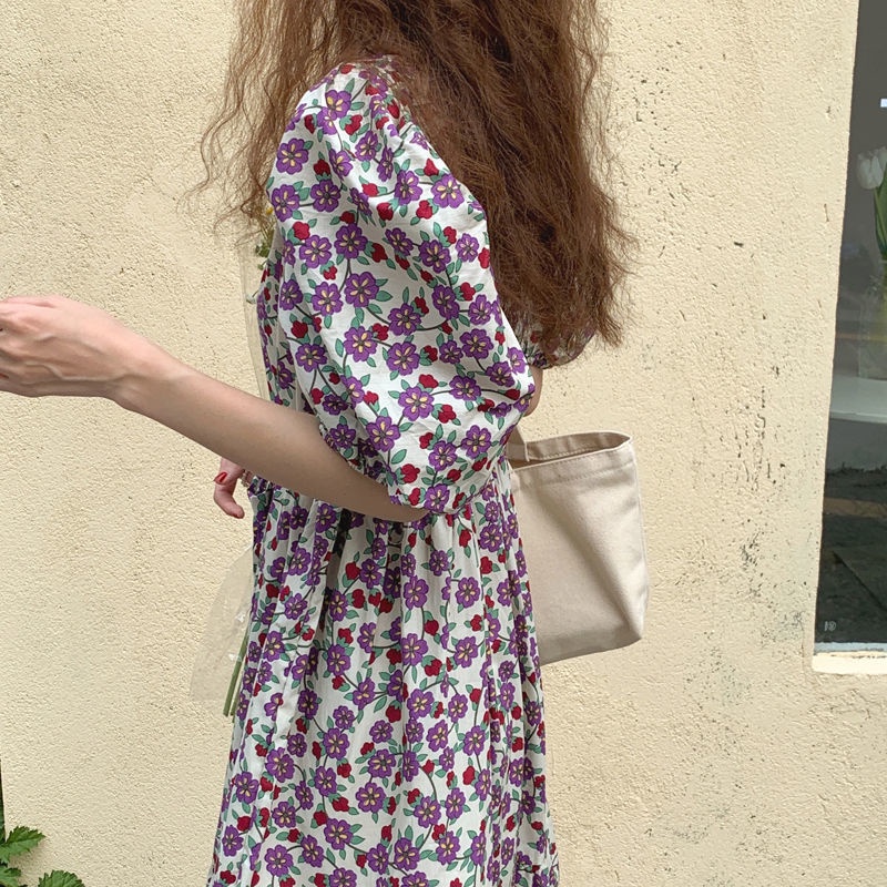 Đầm Dáng Rộng Cổ Vuông Tay Phồng Vải Mỏng In Hoa Dễ Thương Phong Cách Hàn Quốc Thời Trang 2022