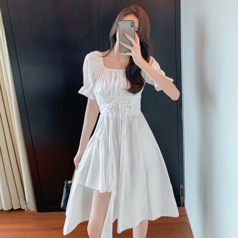 Váy Nữ Dáng Xòe Xẻ Chân Thắt Nơ Eo Tiểu Thư, Đầm Dài Cổ Vuông Tay Bồng Đen Trắng Bánh Bèo Nữ Tính