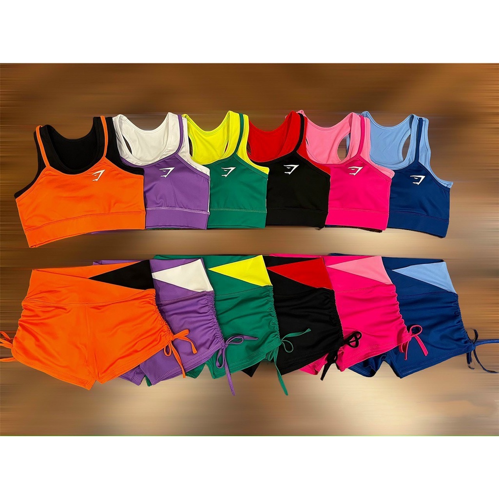 Đồ tập gym nữ bộ tập gym yoga erobic nữ áo bra quần sooc rút dây cạp chéo phối màu