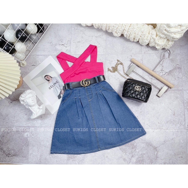 Set áo chéo cv jean dáng dài cho bé gái 14-38kg