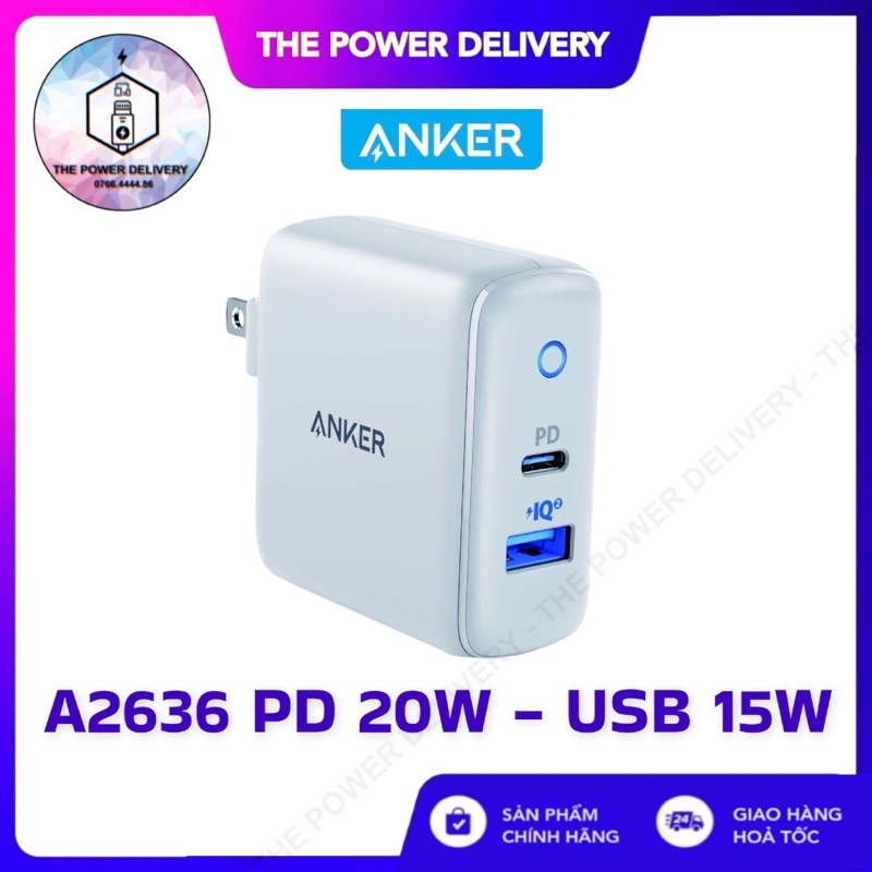 Sạc ANKER PowerPort PD+2 cổng 35w, 1 USB-C PD 20w, 1 PowerIQ 2.0 15w - A2636 - BẢO HÀNH 12 THÁNG