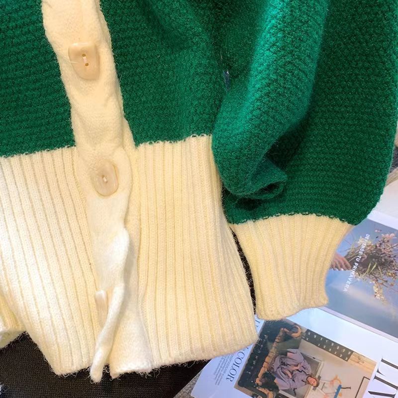 Áo Khoác cardigan Dệt Kim Cổ Chữ v Màu Sắc Tương Phản Phong Cách Hàn Quốc Thời Trang Thu Đông Cho Nữ