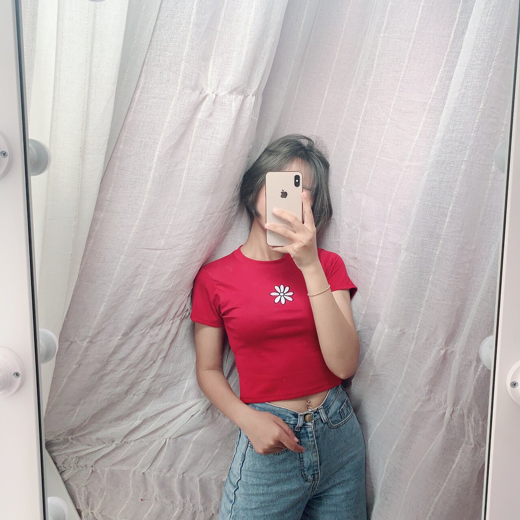 [HÌNH THẬT] ÁO THUN CROPTOP ÔM BODY NGẮN THÊU HOA CÚC BASIC - ÁO KIỂU CRT ULZANG TRƠN 87