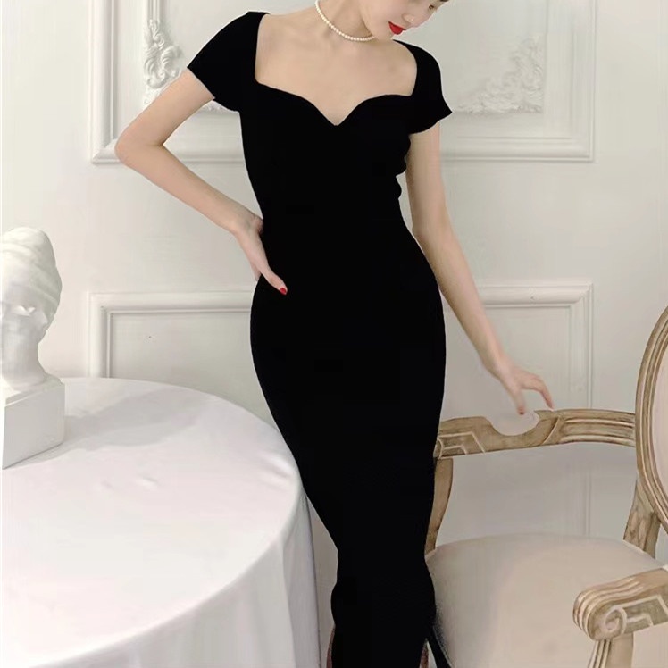 Đầm SUXI dệt kim tay ngắn màu trơn thời trang xuân hè dành cho nữ