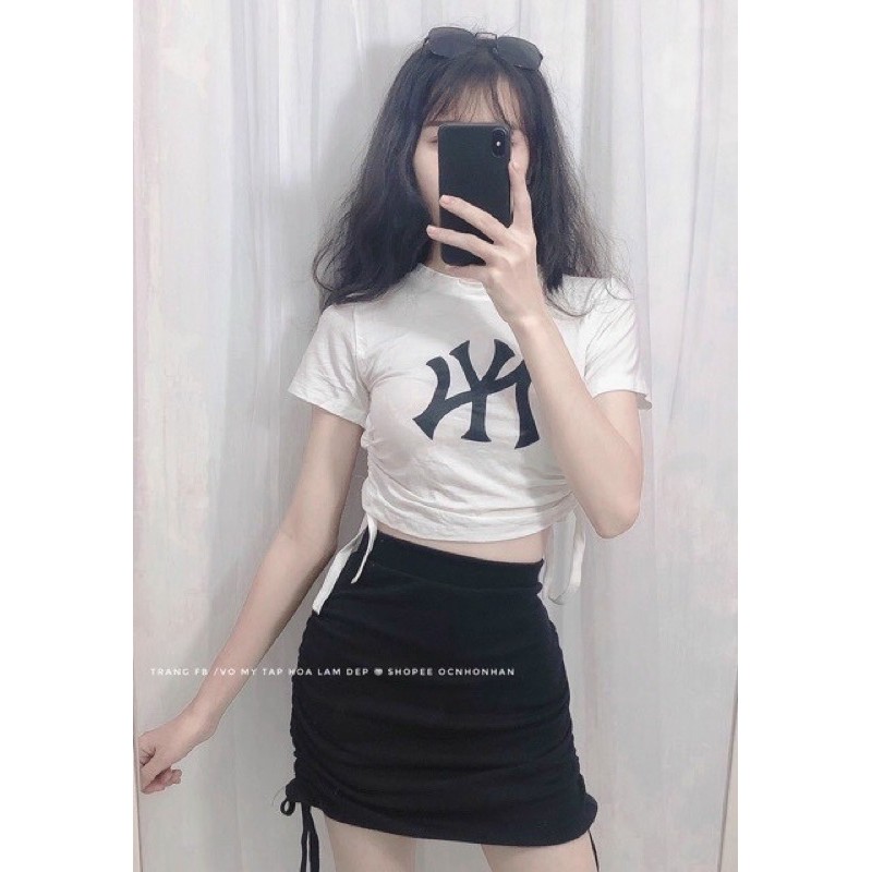 ÁO THUN RÚT DÂY CROPTOP IN CHỮ VẢI THUN LỤA