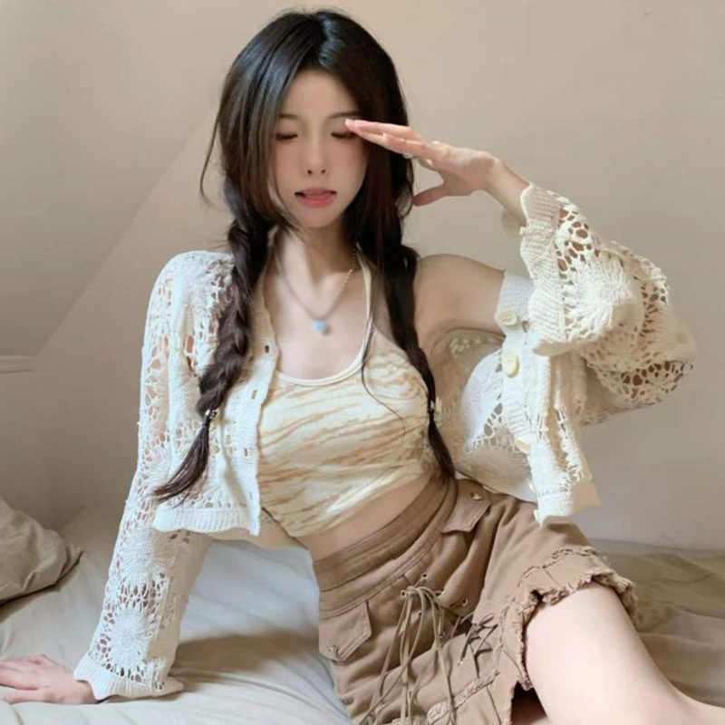 Áo Khoác Cardigan Dệt Kim Hở Lưng Màu Sắc Xinh Xắn Cho Nữ
