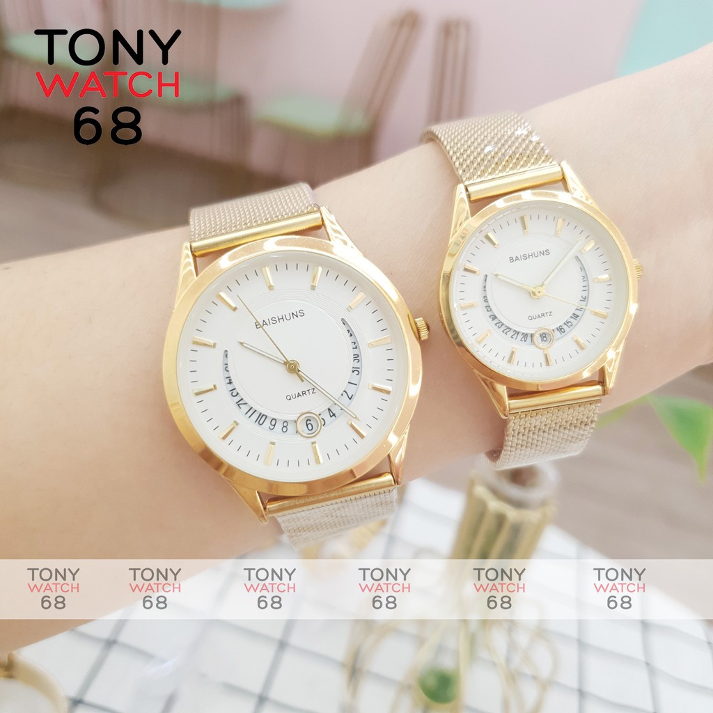 Đồng hồ đôi nam nữ Baishuns dây da mặt siêu mỏng mạ vàng có lịch ngày vầng trăng khuyết độc đáo chính hãng Tony Watch 68