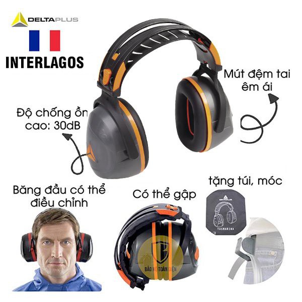 [CHÍNH HÃNG] Chụp tai chống ồn Deltaplus Interlagos thiết kế gấp gọn, đeo qua đầu. Đệm êm ái, độ giảm ồn 30dB