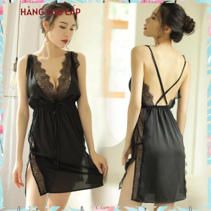 Đầm ngủ phi lụa hai dây phối ren xẻ tà hở lưng gợi cảm (màu đen) Thư Thư [HÀNG CAO CẤP]