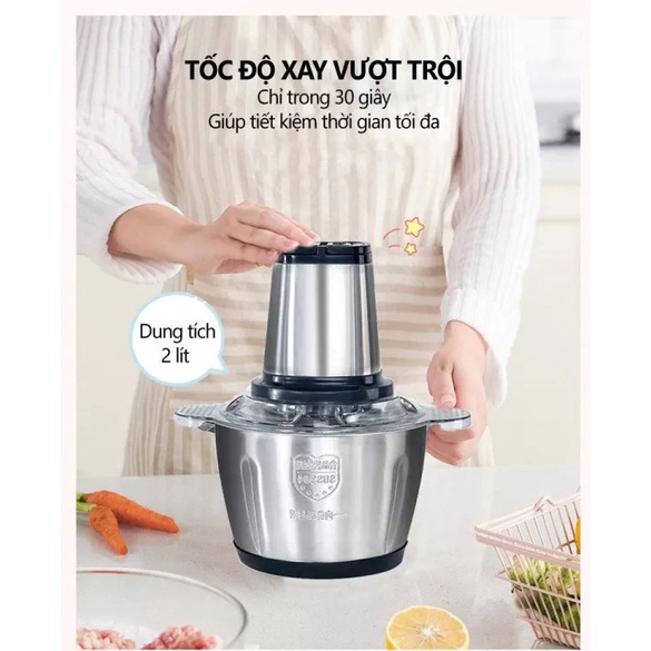 Máy Xay Đa Năng Inox 304 Cho Gia Đình Máy Xay Thịt Dung Tích 2 lít, 4 Lưỡi Dao Thép Không Gỉ