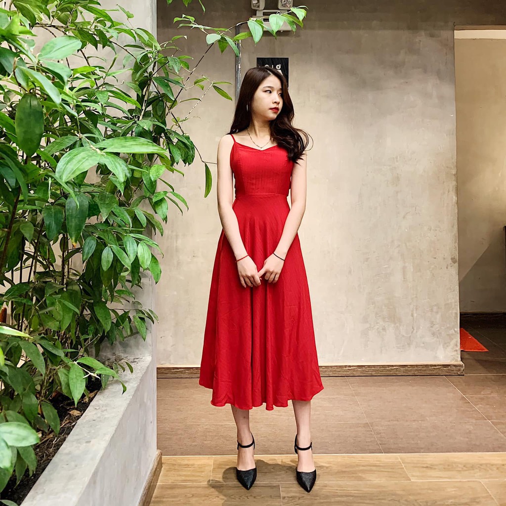 Đầm maxi 2 dây cổ v thắt nơ lưng siêu xinh