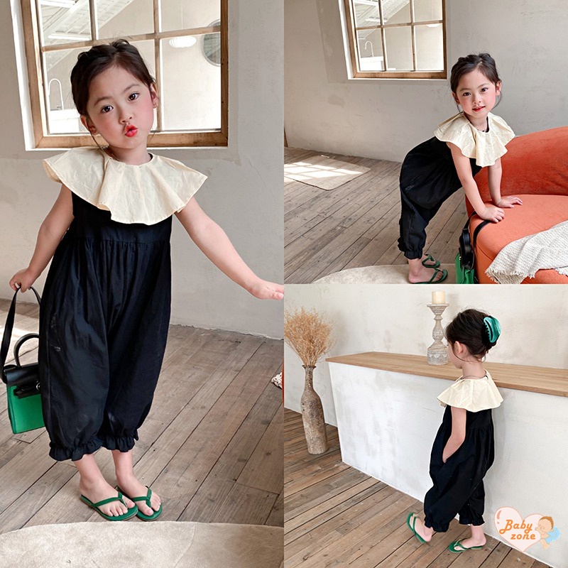 Bộ Áo Liền Quần Sát Nách Dáng Rộng Màu Đen Dễ Thương Thời Trang Mùa Hè Cho Bé Gái 3-8 Tuổi