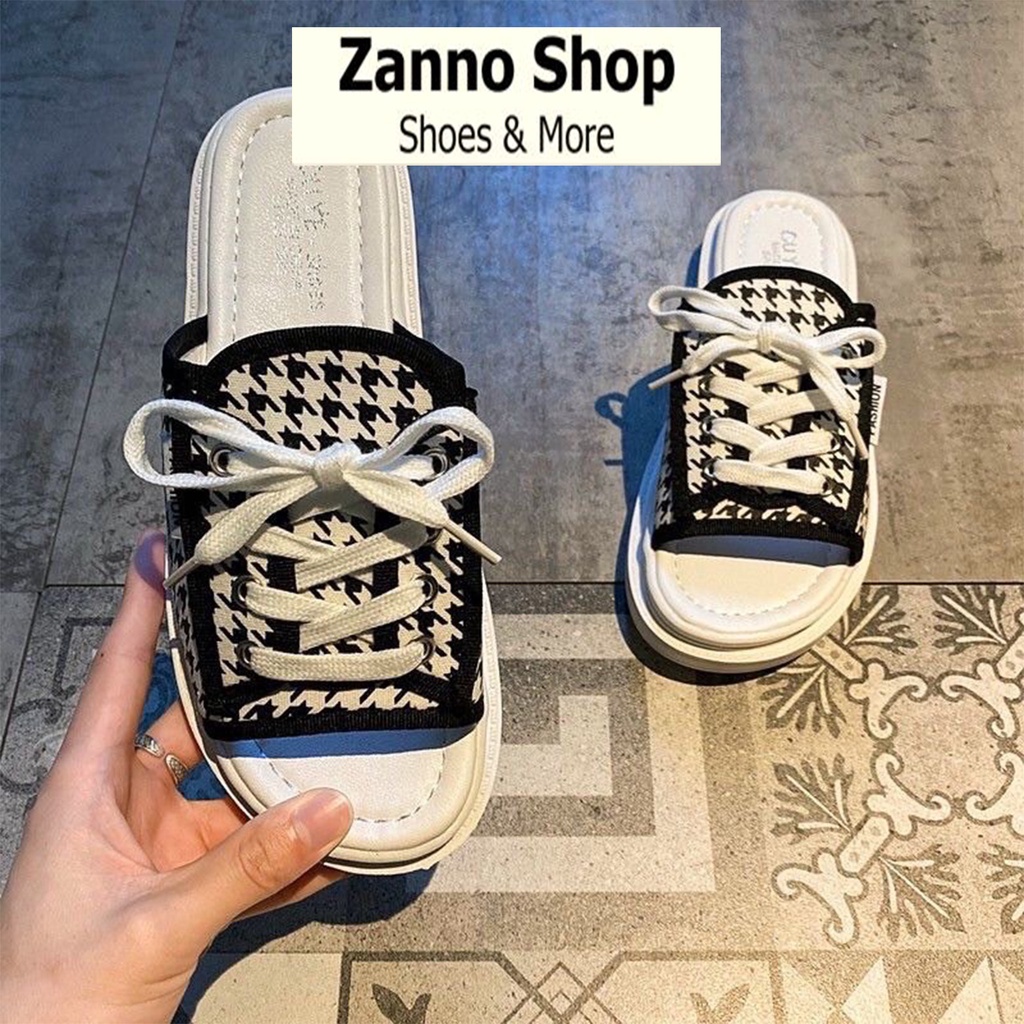 Dép Quai Ngang Nữ Dây Buộc Kẻ Caro Siêu HOT 2022, Dép Đế Bánh Mỳ Cao 3cm Form Ôm Chân