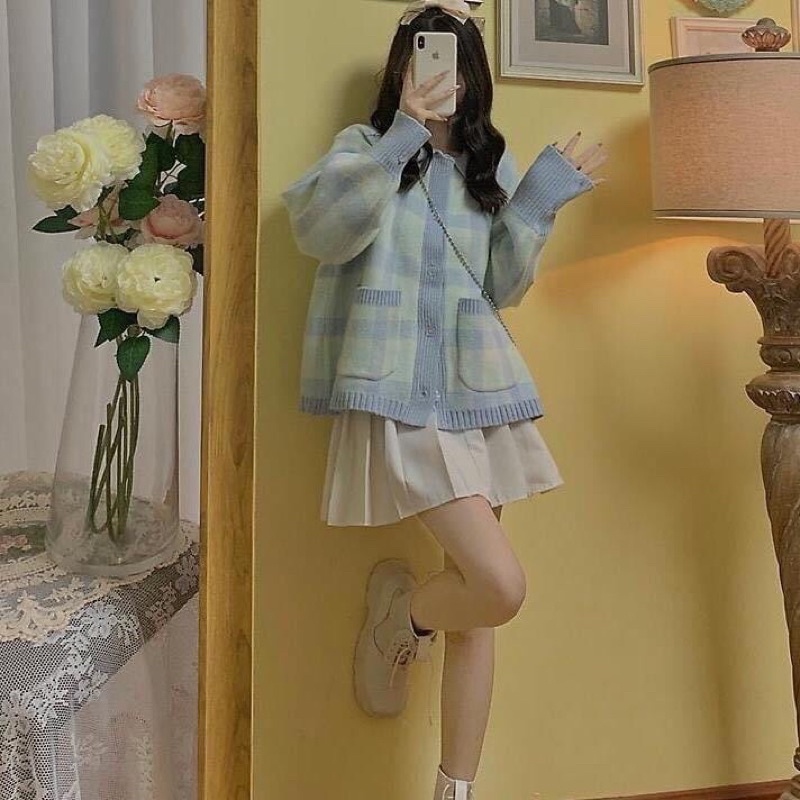 KHOÁC CARDIGAN CAO CẤP DÁNG THỤNG XANH CARO