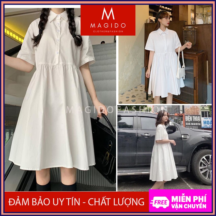 (QUÀ TẶNG LÀ DÂY BUỘC TÓC NHA) Đầm Babydoll cổ đức ,váy nữ đẹp cổ sơmi ,Váy Nữ Tay Bồng Dáng Suông 1 Màu ulzzang, MAGIDO