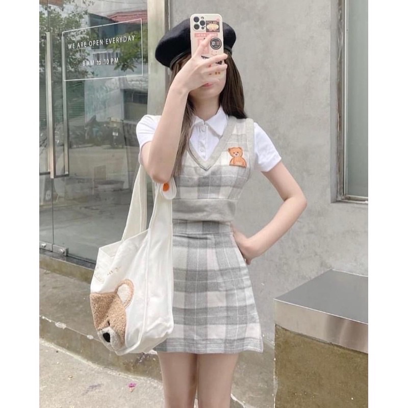 Set 3 Món Kẻ Caro Gấu Hàn Quốc 🦋 Áo polo croptop + áo gile + chân váy ngắn chữ a 🦋 | BigBuy360 - bigbuy360.vn