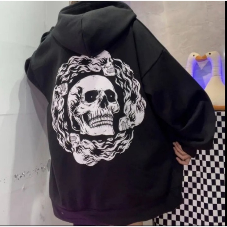 Áo hoodie nỉ cottong 2 lớp đầu lâu in trước sau siêu hot 2022