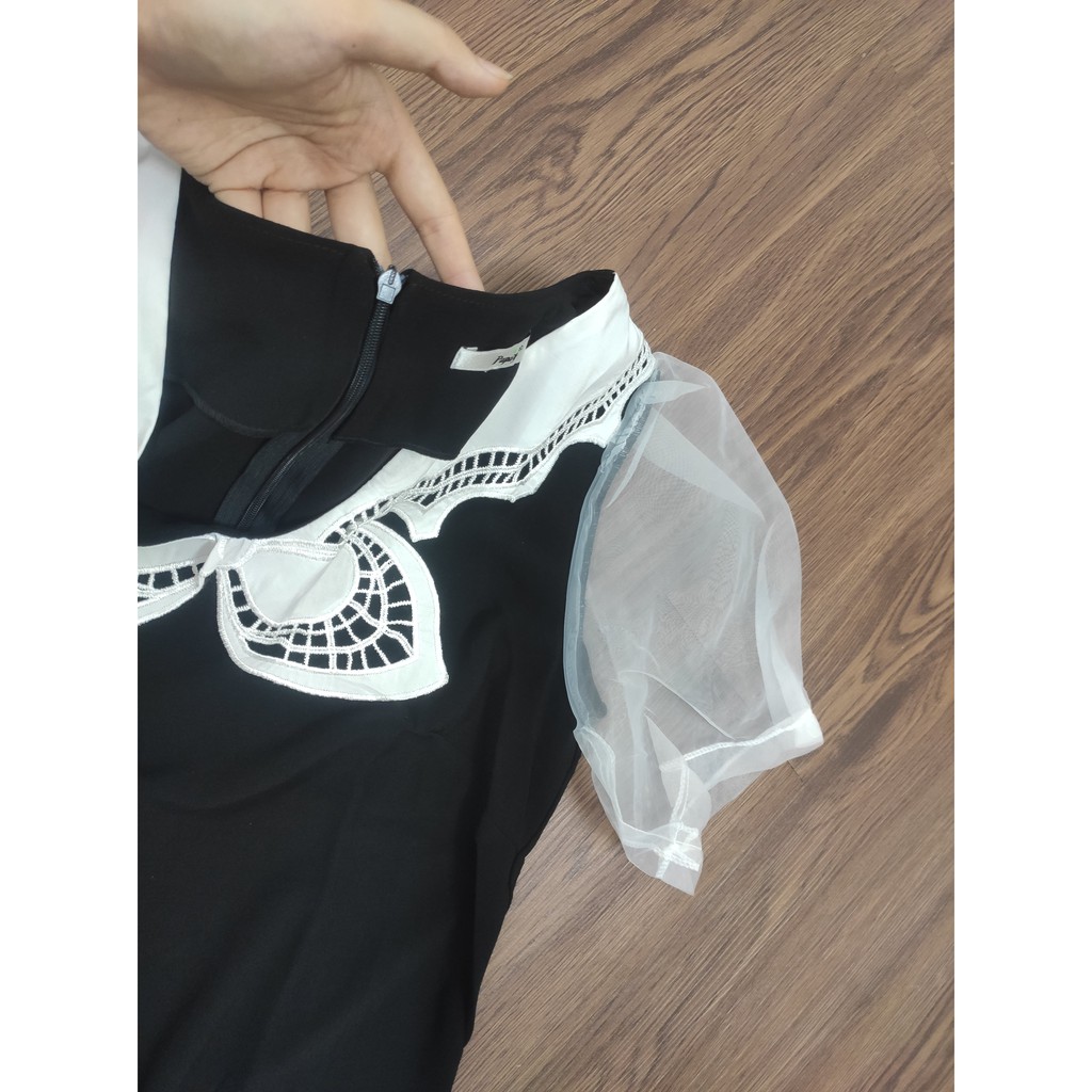 Đầm Suông đen CHE BỤNG Cổ Ren thêu Bướm Tay bồng Dáng Chữ A | BigBuy360 - bigbuy360.vn
