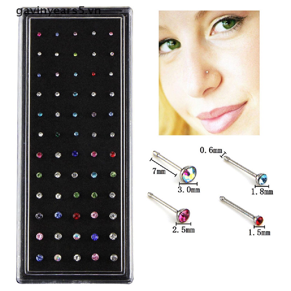 Set 60 Khuyên Mũi Thép Không Gỉ Đính Đá Pha Lê