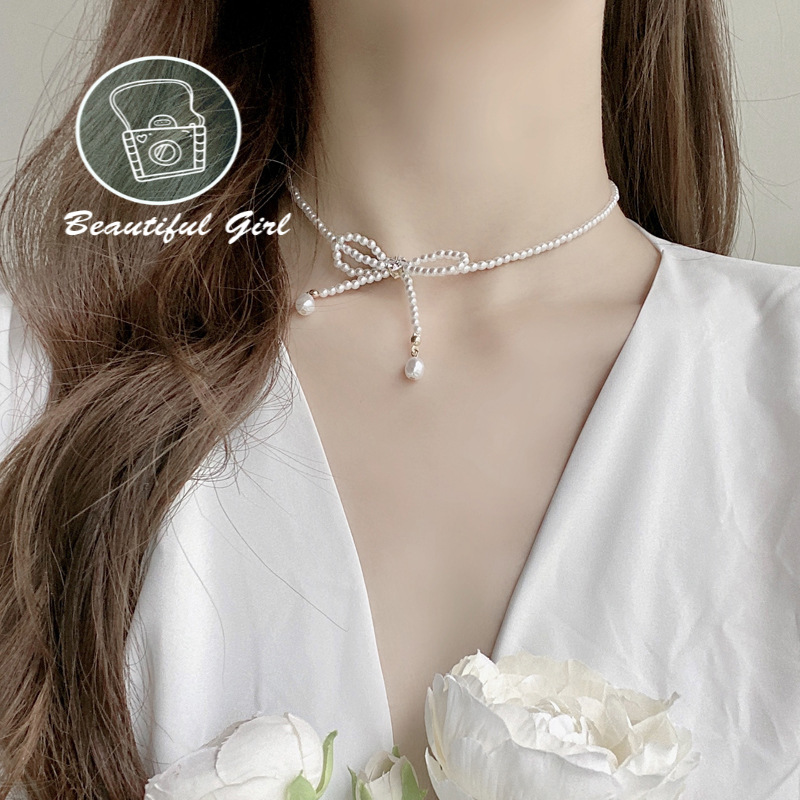 Vòng Cổ Choker Thiết Kế Hình Nơ Đính Ngọc Trai Nhân Tạo Thời Trang