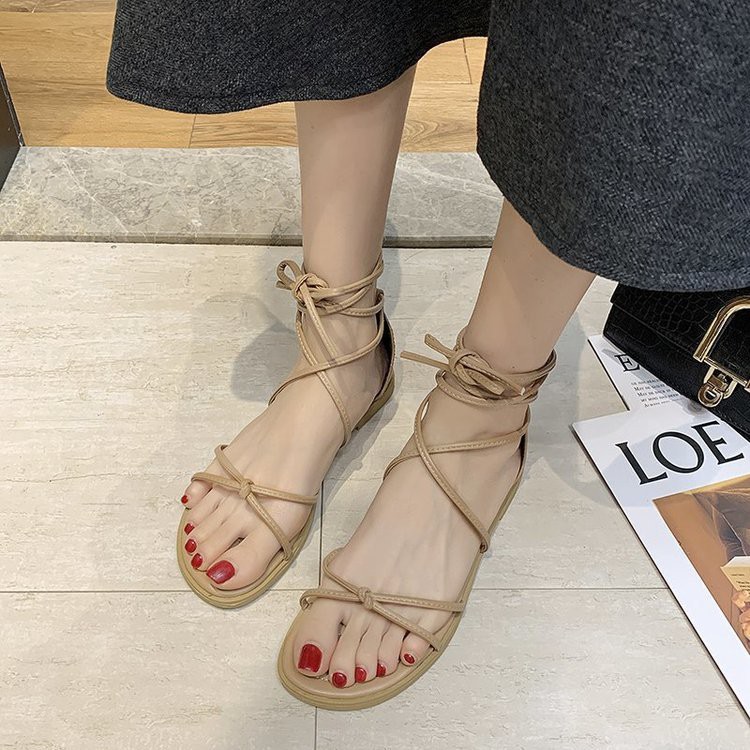 Sandal chiến binh nữ tự cột dây quai da mềm đế bằng bít gót - Mã SD55