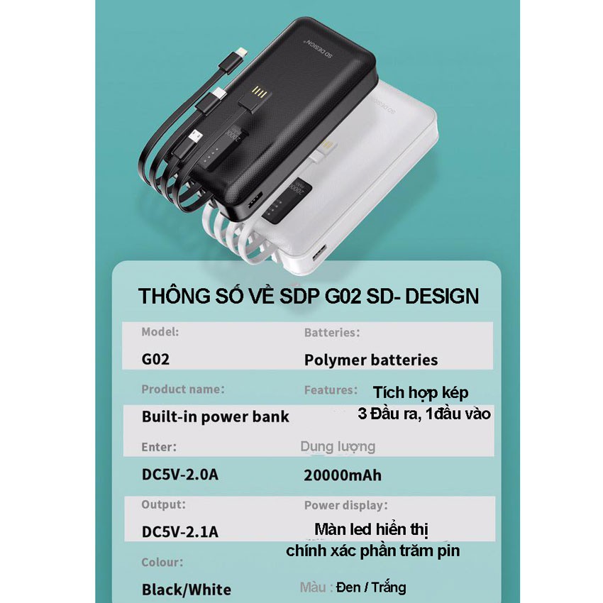 [CHÍNH HÃNG] Sạc dự phòng SD Design G02 Kèm 4 cáp sạt Cho Xiaomi Samsung IPhone Sạc Nhiều Thiết Bị Cùng Lúc Pin 20000mAh