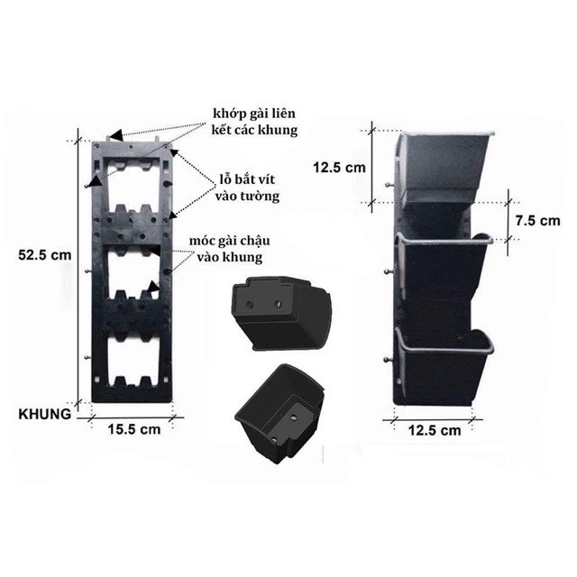 3 Chậu Cây Vườn Tường và 1 Khung chậu vườn tường trồng cây, trồng dâu tây, trồng hoa các loại trên tường, trên hàng rào