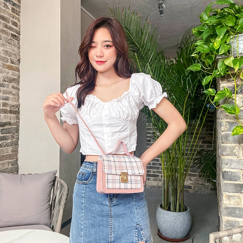 Túi Đeo Chéo Vuông Nhỏ Họa Tiết Kẻ Sọc Đơn Giản Cho Nữ