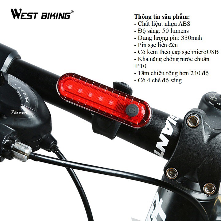 Đèn Xe Đạp Đa Năng Cảnh Báo Pin Sạc 4 Chế Độ West Biking Chính Hãng