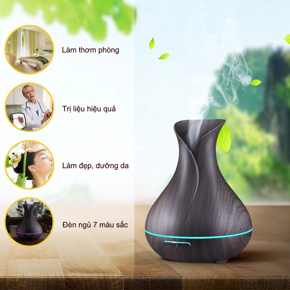 Máy xông tinh dầu hoa Tulip, Máy phun sương khuyếch tán tinh dầu cao cấp AROMA dung tích lớn 550ml kèm remote điều khiển