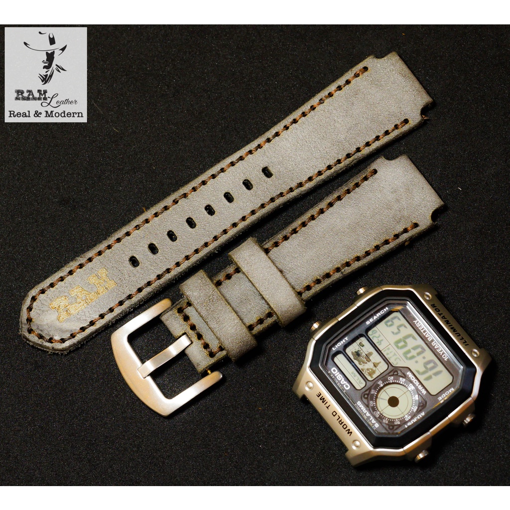 DÂY CASIO AE1200 / SEIKO5 / ORIENT SK DA BÒ XÁM QUÂN ĐỘI ĐỨC HANDMADE  RAM 1939 (TẶNG ĐẦY ĐỦ KHÓA + CHỐT + CÂY THAY DÂY