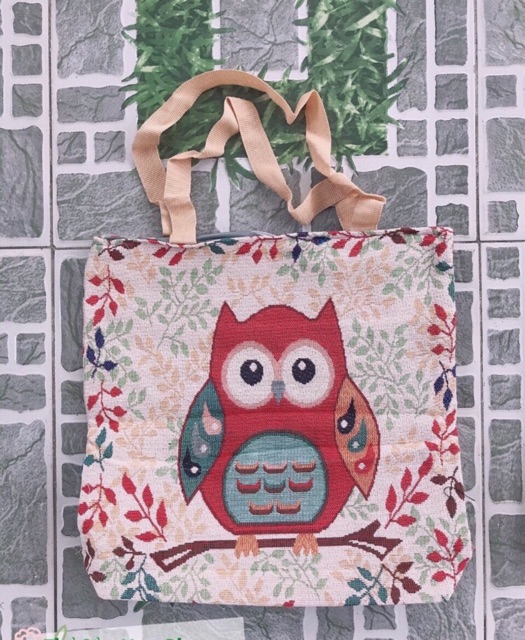 Túi Tote Vuông Thổ Cẩm Vải Canvas/ Bố Hình Cú Và Voi Size Trung 34*34*8cm - Lucky Girl shop