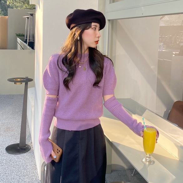 Áo sweater ZHELIHANGFEI dệt kim cổ cao tay phồng thời trang thu đông dành cho nữ