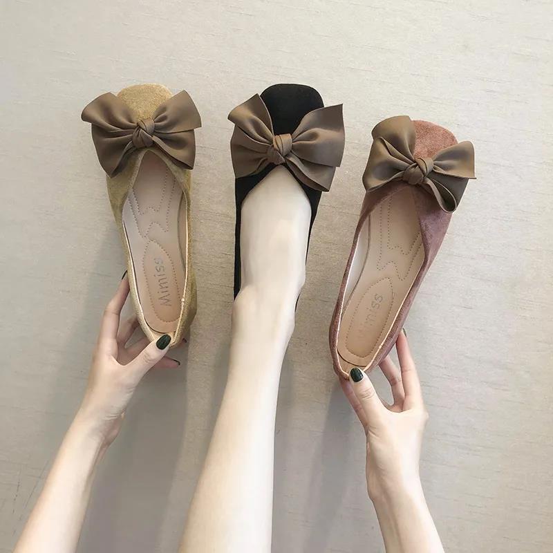 Dép búp bê mũi vuông đính nơ dễ thương phong cách Hàn Quố